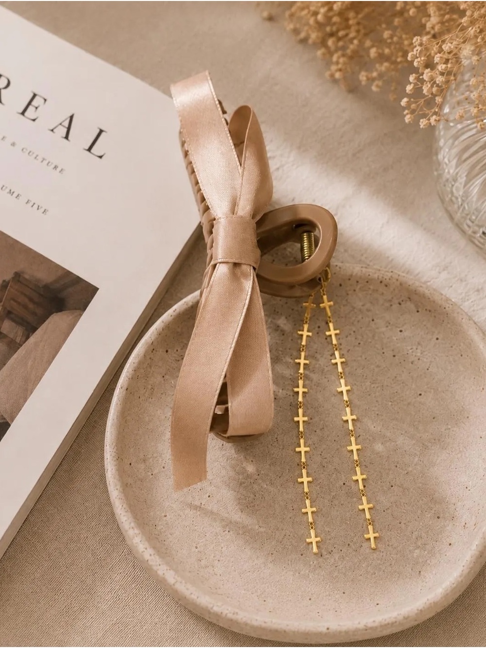Satin Beige Bow Hair Clip with Gold Cross Chain Accent
